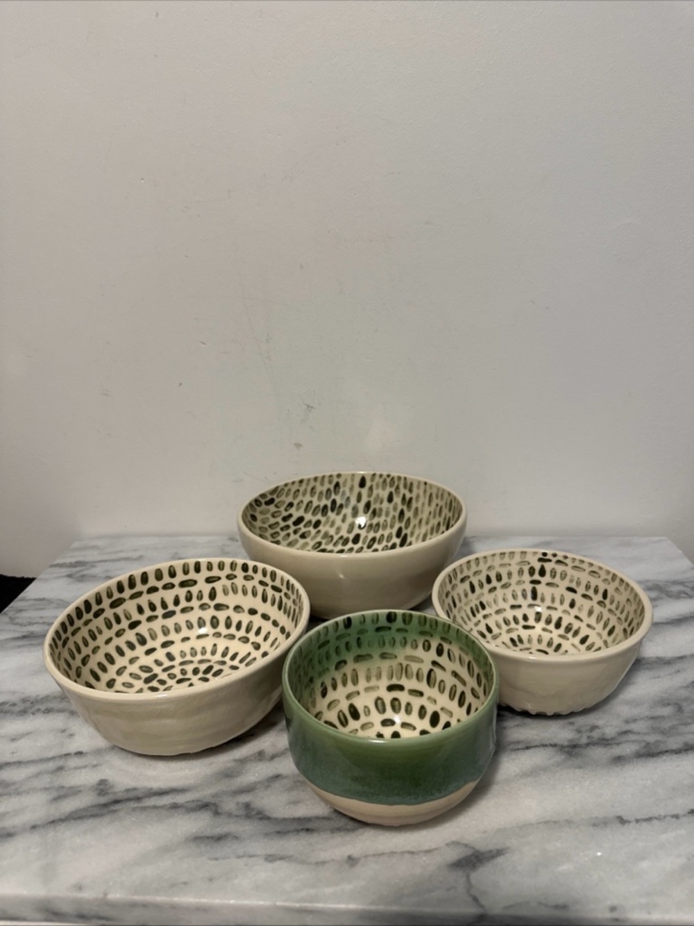 Handmade Ceramic Bowls - Green and Cream Dot Set marked NEW